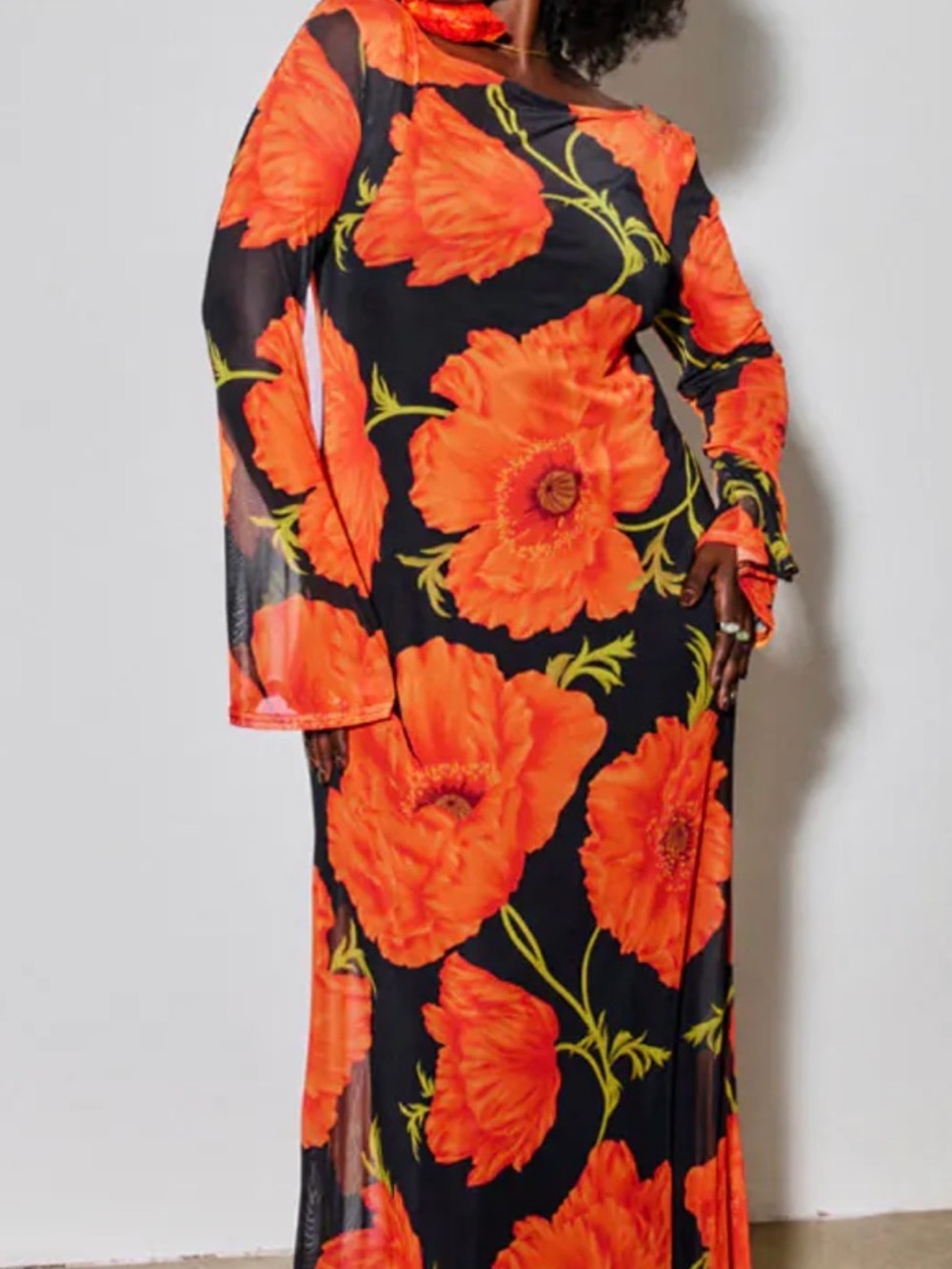 Never Fully Dressed Black Maxi Dress with Bright Orange poppy Print